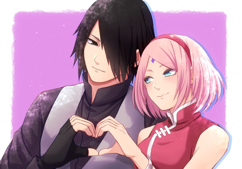 1boy 1girl bare_shoulders black_eyes black_gloves black_hair black_shirt boruto:_naruto_next_generations closed_mouth couple facial_mark fingerless_gloves forehead_mark gloves green_eyes hair_over_one_eye hairband haruno_sakura heart heart_hands heart_hands_duo hetero highres husband_and_wife looking_at_another mochiii-s naruto_(series) pink_hair red_hairband red_shirt shirt smile uchiha_sasuke vest