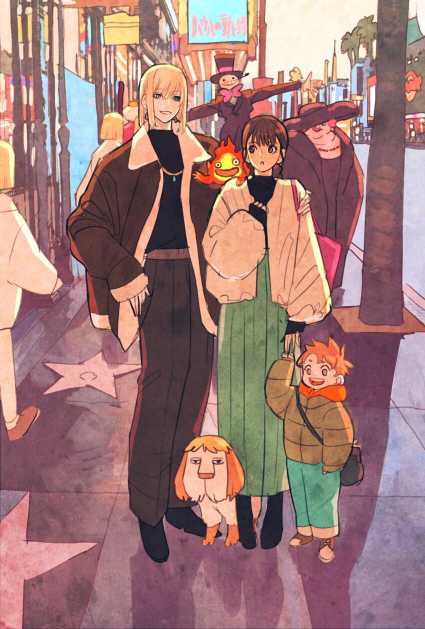 arm_around_shoulder bag bead_necklace beads black_footwear black_headwear blonde_hair brown_hair calcifer child dog fingerless_gloves fire full_body gloves green_skirt grey_pants grin hand_on_another&#039;s_arm hand_on_own_chest hat heen highres howl_(howl_no_ugoku_shiro) howl_no_ugoku_shiro jacket jewelry kakashi_no_kabu long_skirt markl medium_hair multiple_boys multiple_girls necklace open_mouth orang outdoors pants pleated_skirt scarecrow short_hair shoulder_bag sidewalk skirt smile sophie_(howl_no_ugoku_shiro) sun_hat takeuchi_ryousuke teeth top_hat white_jacket witch_of_the_waste