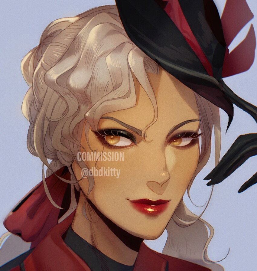 1girl apex_legends black_eyeshadow black_gloves black_hat black_shirt bootlegger_loba bow brown_eyes commission eyeshadow gloves grey_hair hair_bow hat highres jacket kitty_keihara loba_(apex_legends) looking_to_the_side makeup mini_hat official_alternate_costume parted_lips red_bow red_jacket shirt smile solo tricorne twitter_username v-shaped_eyebrows watermark