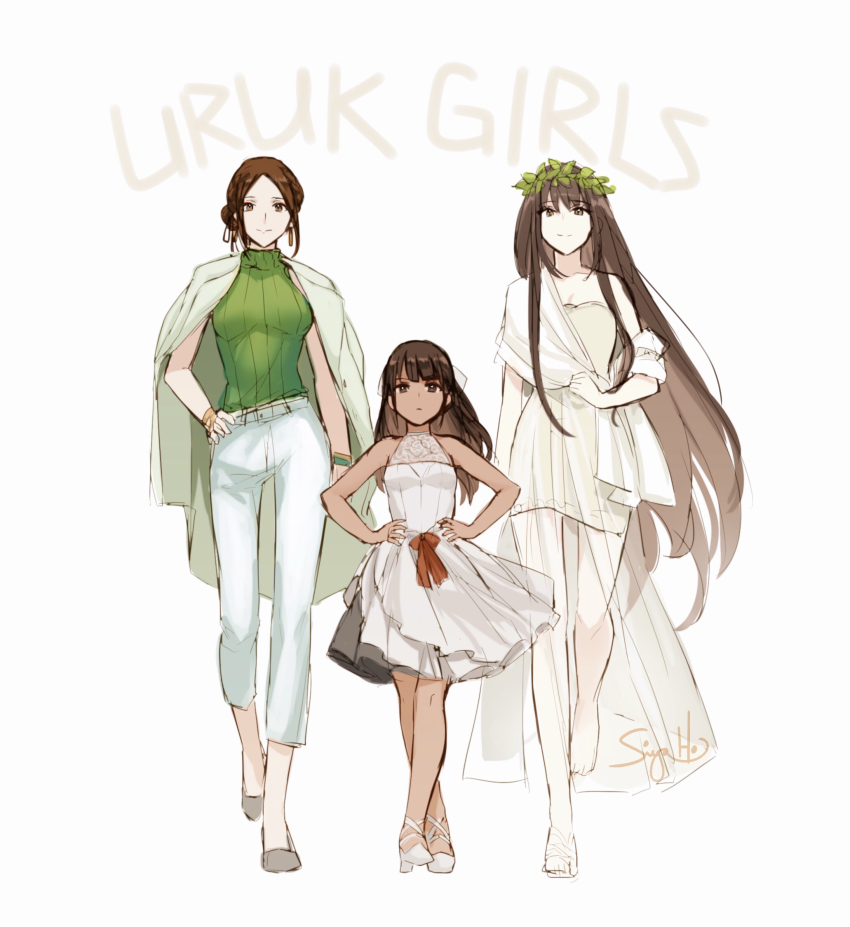 3girls bracelet breasts brown_eyes brown_hair cape collarbone dark_skin dark-skinned_female dress earrings fate/grand_order fate/strange_fake fate_(series) green_sweater hair_ribbon hands_on_own_hips highres jewelry long_hair looking_at_viewer medium_breasts multiple_girls pants ribbed_sweater ribbon shamhat_(fate) short_dress short_hair siduri_(fate) simple_background single_bare_shoulder siya_ho sketch sleeveless sleeveless_dress sleeveless_sweater smile sweater tine_chelc turtleneck turtleneck_sweater very_long_hair white_background white_cape white_dress white_pants white_ribbon
