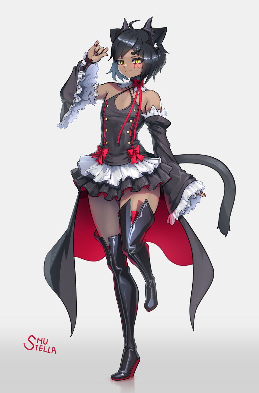 1boy absurdres ahoge animal_ear_fluff animal_ears artist_name bat_wings black_boots black_cloak black_sleeves boots bow buttons cat_boy cat_ears cat_tail check_translation chinese_commentary cloak collar collarbone commentary cosplay criss-cross_straps crossdressing crossdressing_(mtf) dark-skinned_male dark_skin detached_collar detached_sleeves dress english_commentary facial_mark frilled_collar frilled_dress frilled_sleeves frills gradient_background grey_background hair_ornament hairclip head_wings high_heel_boots high_heels highres knee_boots krul_tepes krul_tepes_(cosplay) lace_collar male_focus mixed-language_commentary neck_ribbon original owari_no_seraph red_bow red_cloak red_ribbon red_thighhighs ribbon short_dress shu-stella solo standing standing_on_one_leg tail thigh_boots thighhighs translation_request trap two-tone_cloak wings