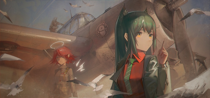 2girls :/ absurdres aircraft airplane animal_ear_fluff animal_ears aqua_necktie arknights bird black_hair black_jacket boboyo chinese_commentary closed_mouth commentary_request detached_wings expressionless extra_ears exusiai_(arknights) exusiai_(wild_operation)_(arknights) food grey_jacket hair_over_one_eye halo hand_up highres holding holding_food holding_pocky jacket long_hair long_sleeves looking_afar looking_at_another multiple_girls necktie official_alternate_costume one_eye_covered open_clothes open_jacket orange_eyes penguin_logistics_logo pocky red_eyes red_hair short_hair texas_(arknights) texas_(willpower)_(arknights) wings wolf_ears