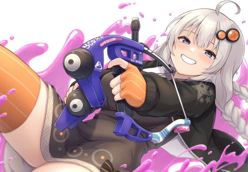 1girl :d ahoge black_dress black_jacket blue_eyes blunt_bangs blush braid breasts dapple_dualies_(splatoon) dress dual_wielding fingerless_gloves from_below gloves grin hair_ornament holding jacket kizuna_akari large_breasts long_hair long_sleeves nintendo open_clothes open_jacket open_mouth orange_gloves orange_thighhighs paint paint_gun parted_lips shun_(b.c) silver_hair smile solo splatoon_(series) splatoon_2 striped_clothes striped_thighhighs teeth thighhighs twin_braids vertical-striped_clothes vertical-striped_thighhighs very_long_hair vocaloid voiceroid zettai_ryouiki