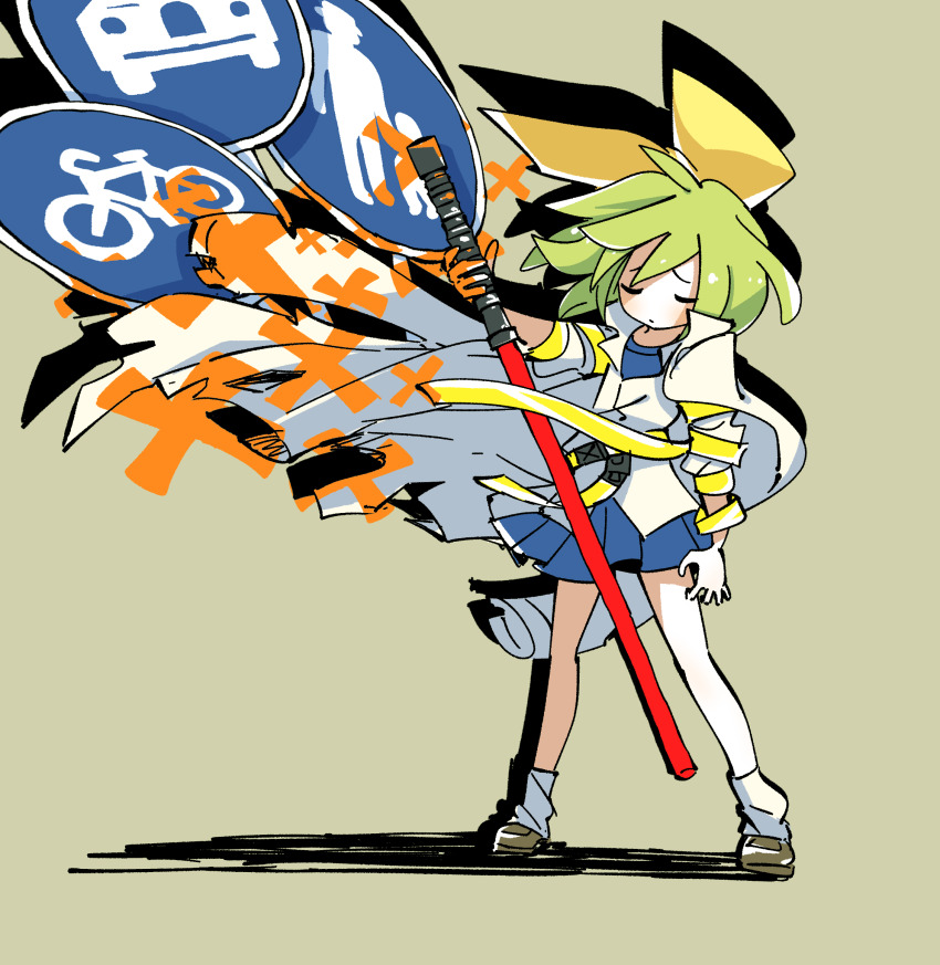 1girl alternate_costume bicycles_only_sign blue_dress bow brown_shoes closed_eyes closed_mouth coat coat_on_shoulders commentary_request cookie_(touhou) daiyousei diyusi_(cookie) dress full_body gram_9 green_hair hair_bow high-visibility_clothing high-visibility_vest highres holding loafers medium_hair motor_vehicles_only_sign offside:_diyusi pedestrians_only_sign pleated_dress pleated_skirt road_sign shoes sign simple_background skirt socks solo standing touhou traffic_baton white_coat white_socks