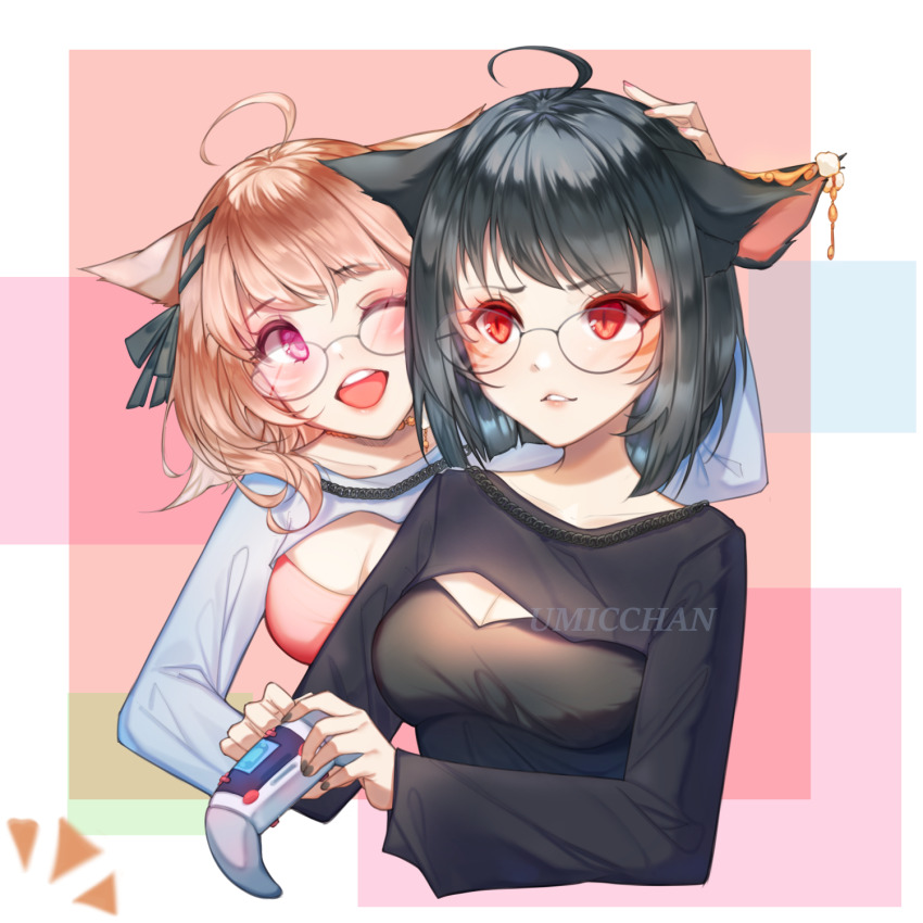 2girls animal_ears artist_name black_bow black_camisole black_hair black_shrug blush bow breasts brown_hair camisole cat_ears cat_girl cleavage clip_studio_paint_(medium) commission controller cowlick frown game_controller glasses grey_shrug hair_bow hand_on_another&#039;s_head highres holding holding_controller holding_game_controller medium_breasts multiple_girls one_eye_closed original parted_lips pink_camisole pink_lips red_eyes short_hair shrug_(clothing) smile umicchan v-shaped_eyebrows vgen_commission watermark