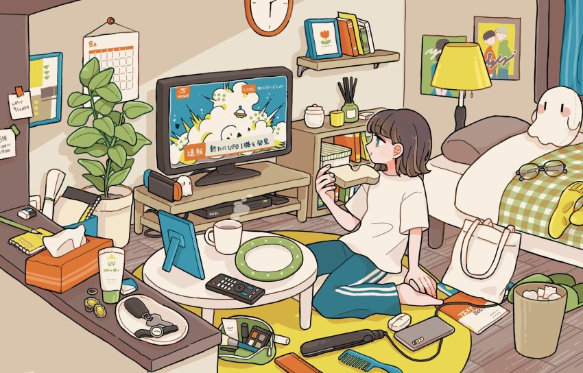 1girl :t absurdly_detailed_composition analog_clock aqua_pants bag barefoot bed bedroom blanket bread bread_slice calendar_(object) car_keys cellphone clock controller cup cushion eating food glasses hair_straightener highres holding holding_food indoors lamp loaded_interior lotion makeup mug news nintendo_switch notebook original pants pencil phone plant plate poster_(object) potted_plant remote_control rug shelf shirokurage sitting slippers smartphone socks solo steam stuffed_ghost stuffed_toy sunscreen table textbook tissue_box toast trash_can ufo unworn_eyewear unworn_slippers unworn_socks watch watching_television white_bag wooden_floor wristwatch