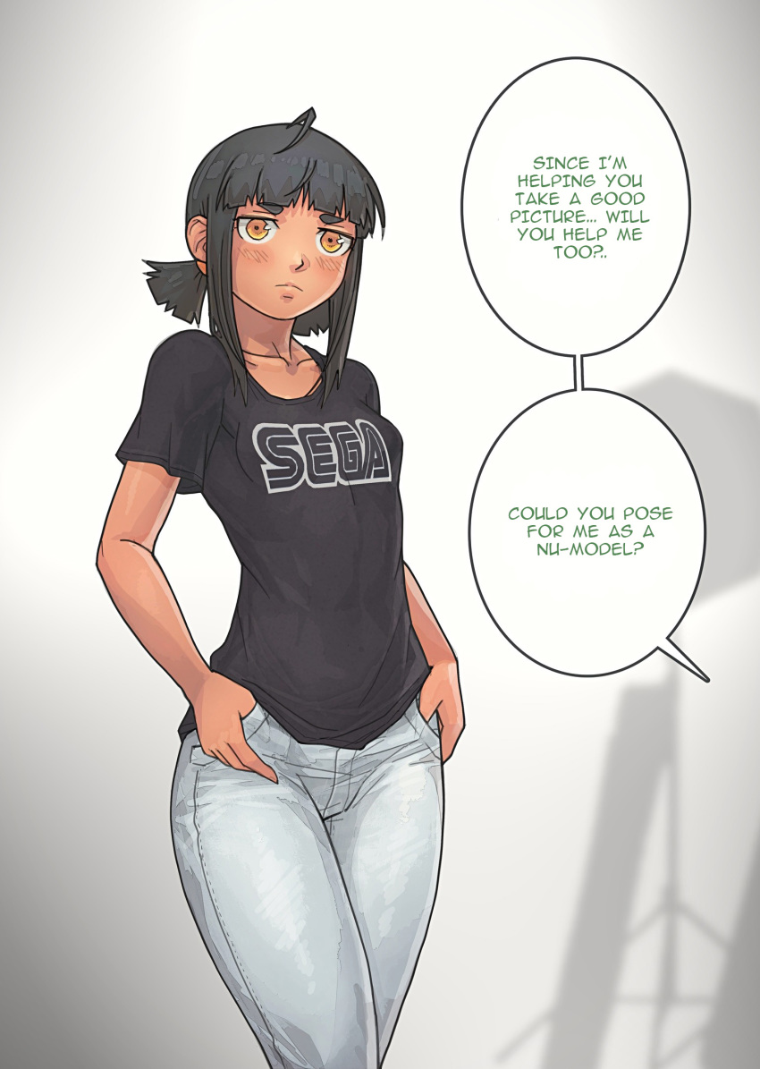 1girl ahoge black_hair black_shirt blunt_bangs blurry blurry_background blush breasts brown_eyes closed_mouth collarbone cowboy_shot denim english_text gloomy_(leonzo) highres khmuro leonzo low_twintails medium_hair original pants sega shirt short_sleeves short_twintails sidelocks small_breasts solo speech_bubble t-shirt tan thumbs_in_pockets twintails white_pants
