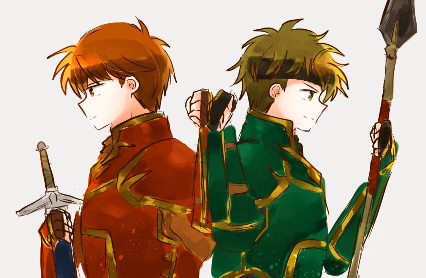 2boys akmd125 armor brown_hair fire_emblem fire_emblem:_the_blazing_blade green_armor holding holding_polearm holding_sword holding_weapon kent_(fire_emblem) multiple_boys nintendo orange_hair polearm red_armor sain_(fire_emblem) sword upper_body weapon