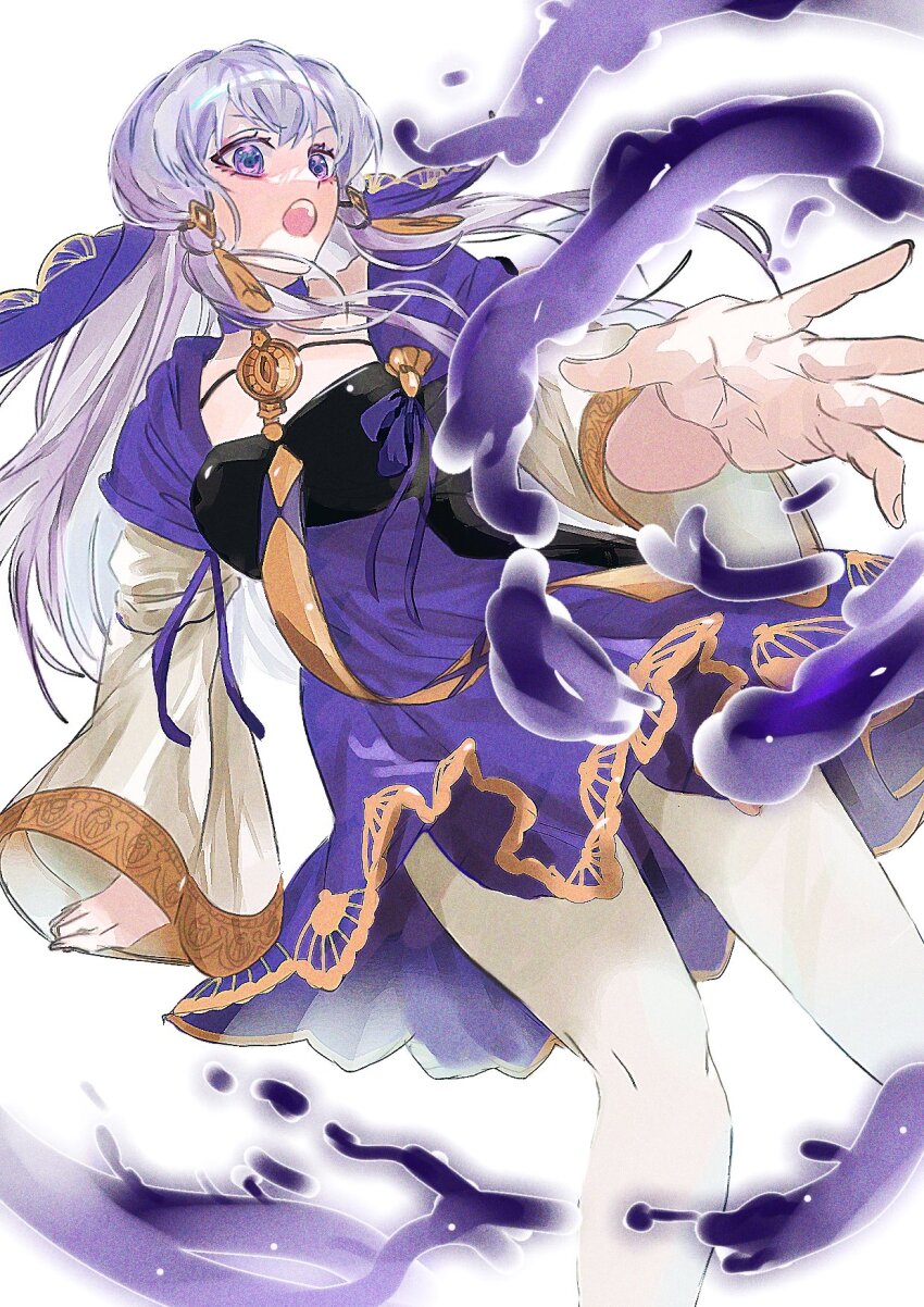 1girl aged_up akitsu_123 arm_up clenched_hand dress fire_emblem fire_emblem:_three_houses hair_between_eyes highres jewelry leaning_to_the_side long_hair long_sleeves looking_at_viewer looking_to_the_side lysithea_von_ordelia lysithea_von_ordelia_(timeskip) magic multicolored_dress nintendo open_mouth pantyhose pendant purple_eyes purple_hair reaching reaching_towards_viewer sidelocks simple_background solo teeth upper_teeth_only white_background white_pantyhose wide_sleeves
