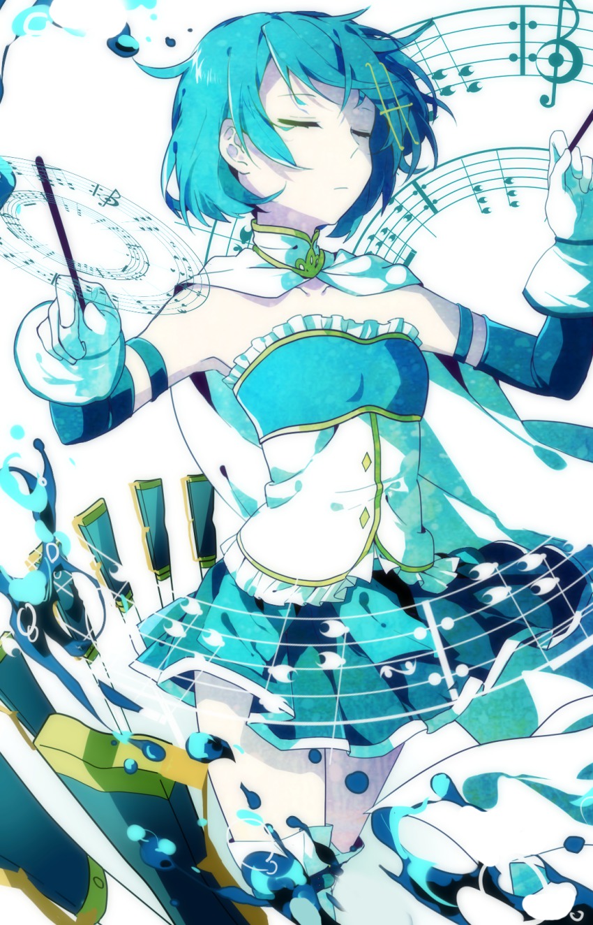 10s 1girl armband blue_hair cape closed_eyes conductor_baton female_focus fortissimo gloves hair_ornament hairclip highres magical_girl mahou_shoujo_madoka_magica mahou_shoujo_madoka_magica_(anime) mahou_shoujo_madoka_magica_movie_1_&amp;_2 miki_sayaka miki_sayaka_(magical_girl) multiple_swords musical_note musical_note_hair_ornament short_hair solo musical_staff sword water weapon zgxuke