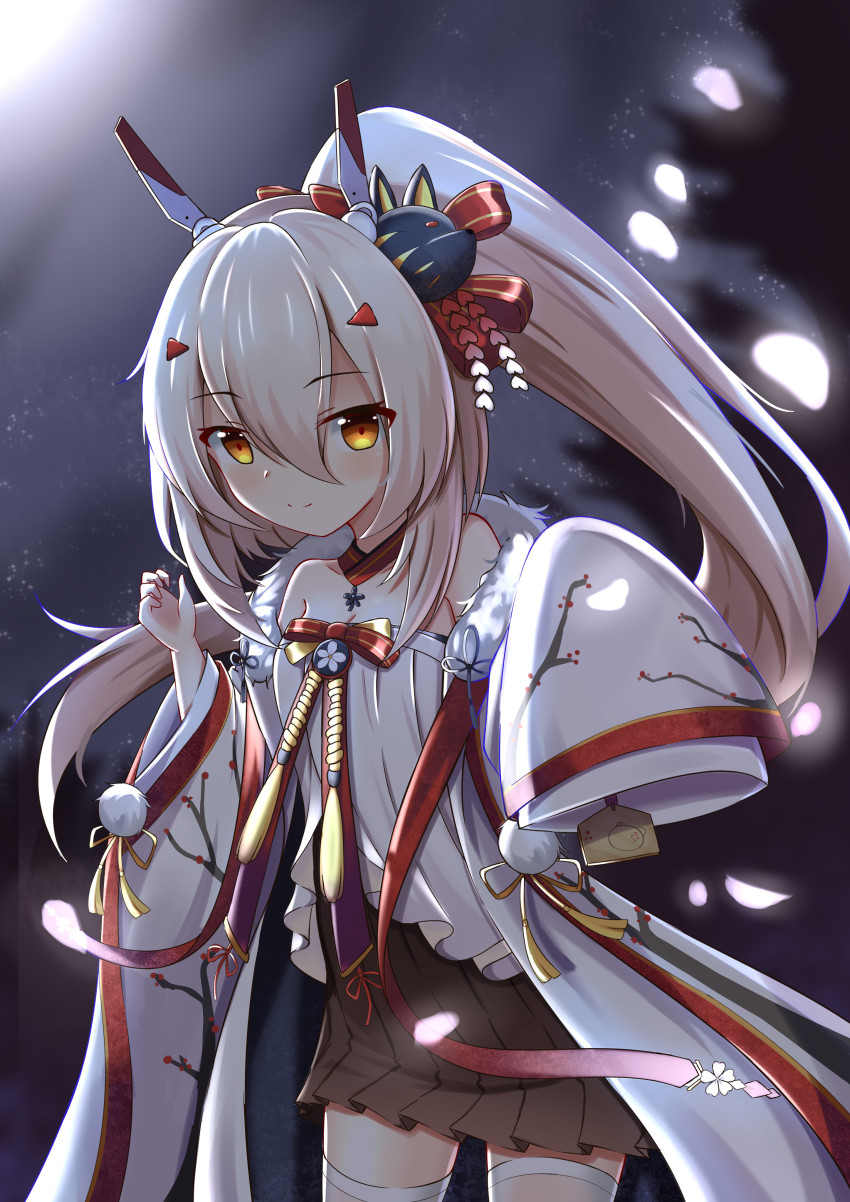 1girl absurdres ayanami_(azur_lane) ayanami_(pulse_of_the_new_year)_(azur_lane) azur_lane bare_shoulders blurry bow choker claw_pose collarbone commentary_request depth_of_field ema hair_bow hair_ornament hair_ribbon hairclip headgear highres juiceneko leaning_forward long_hair long_sleeves looking_at_viewer mask mask_on_head moonlight mouse_mask night night_sky off_shoulder petals pleated_skirt ponytail ribbon shade skirt sky sleeves_past_wrists smile solo star_(sky) starry_sky thighhighs white_thighhighs wide_sleeves zettai_ryouiki