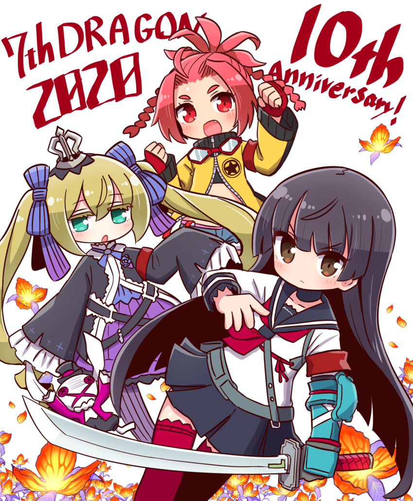3girls 7th_dragon_(series) 7th_dragon_2020 :d anniversary black_hair black_jacket black_sailor_collar black_skirt blonde_hair blue_bow blue_shirt blue_shorts blush bow braid brown_eyes chelsea_(7th_dragon) clenched_hands closed_mouth colored_eyelashes commentary_request crown destroyer_(7th_dragon_2020) fang fingerless_gloves floro_(7th_dragon) flower forehead gloves goggles goggles_around_neck green_eyes hacker_(7th_dragon) hair_between_eyes highres holding holding_stuffed_toy holding_sword holding_weapon jacket katana katanako long_hair long_sleeves looking_at_viewer mini_crown multiple_girls naga_u nishimura_haru_(7th_dragon) open_mouth parted_bangs pleated_skirt purple_skirt red_eyes red_flower red_gloves red_hair red_legwear sailor_collar samurai_(7th_dragon) school_uniform serafuku shirt short_eyebrows short_shorts shorts skirt sleeves_past_fingers sleeves_past_wrists smile striped_bow stuffed_animal stuffed_rabbit stuffed_toy sword thick_eyebrows thighhighs twin_braids v-shaped_eyebrows very_long_hair weapon white_background white_shirt yellow_jacket
