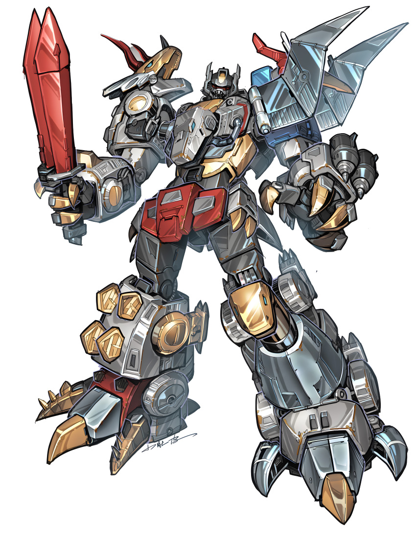 absurdres arm_cannon autobot claws commentary_request concept_art energy_gun gattai grimlock highres machinery mecha mecha_focus original redesign robot science_fiction slag_(transformers) sludge_(transformers) snarl_(transformers) swoop_(transformers) sword transformers transformers:_generation_1 volcanicus weapon white_background xiao_duzi