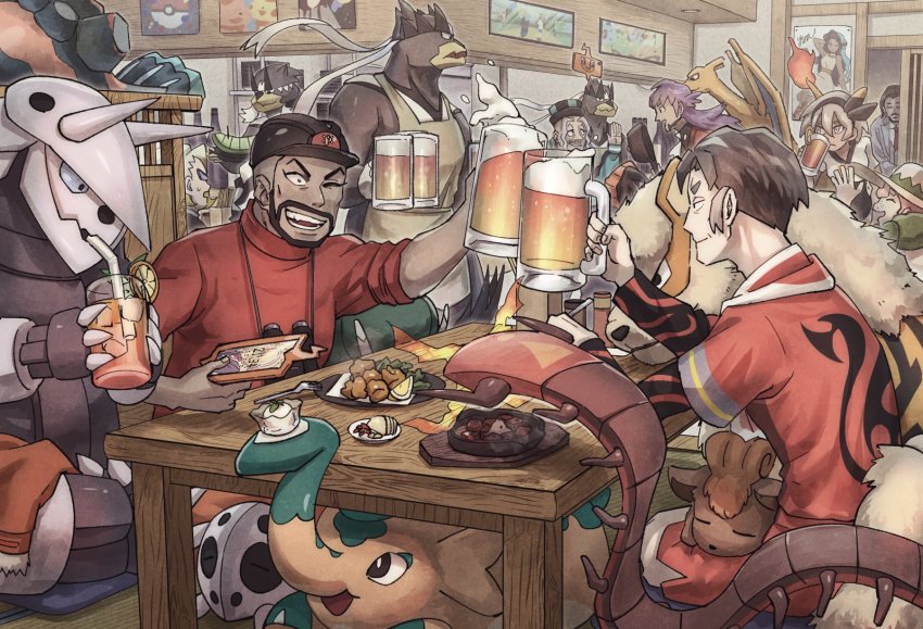 1girl 6+boys aggron alcohol apron arcanine aron bea_(pokemon) beer beer_mug binoculars black_headwear centiskorch charizard closed_eyes commentary_request copperajah cufant cup dark-skinned_male dark_skin drinking eye_contact fire flame-tipped_tail foam food fork freckles fruit gen_1_pokemon gen_3_pokemon gen_4_pokemon gen_8_pokemon gordie_(pokemon) hat helmet highres holding holding_cup indoors kabu_(pokemon) korokoro_daigorou legendary_pokemon leon_(pokemon) long_hair looking_at_another milo_(pokemon) mug multiple_boys mustard_(pokemon) nessa_(pokemon) nintendo one_eye_closed open_mouth orange_(fruit) orange_slice peony_(pokemon) pink_hair plate pokemon pokemon_(creature) pokemon_swsh poster_(object) purple_hair rose_(pokemon) rotom rotom_phone shirt short_hair short_sleeves sitting smile standing table tail teeth tongue urshifu vulpix