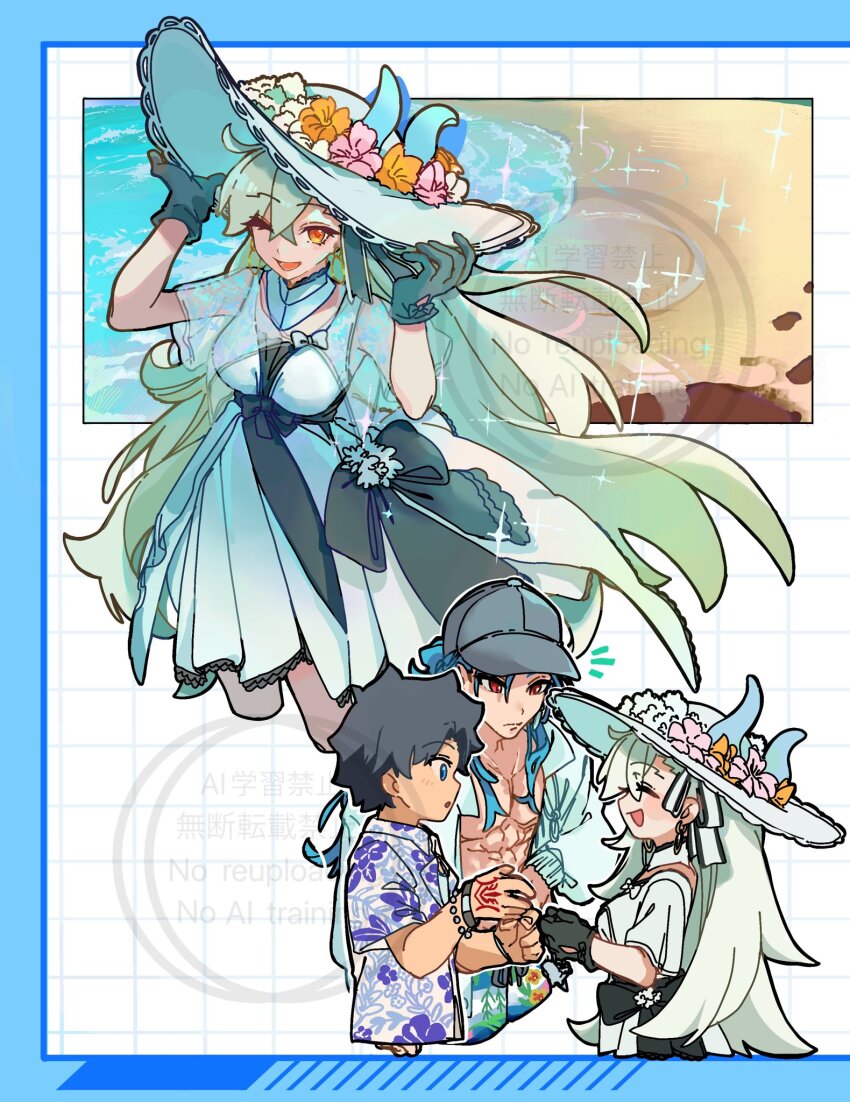 1girl 2boys anmochi_mochi asymmetrical_bangs baseball_cap black_dress black_gloves black_hair black_hat blue_eyes blue_shirt bracelet breasts capelet closed_eyes command_spell commentary_request cu_chulainn_(caster)_(fate) cu_chulainn_(fate) cu_chulainn_(tropical_rune_summer)_(fate) dress fate/grand_order fate_(series) flower fujimaru_ritsuka_(male) fujimaru_ritsuka_(male)_(tropical_summer) gloves hair_ribbon hat hat_flower hawaiian_shirt highres horns jacket jewelry long_hair long_sleeves looking_at_viewer medium_breasts multiple_boys multiple_views olga_marie_animusphere one_eye_closed open_mouth orange_eyes ribbon shirt short_hair short_sleeves smile sun_hat two-tone_dress u-olga_marie u-olga_marie_(first_ascension) very_long_hair white_capelet white_dress white_hair white_hat white_jacket