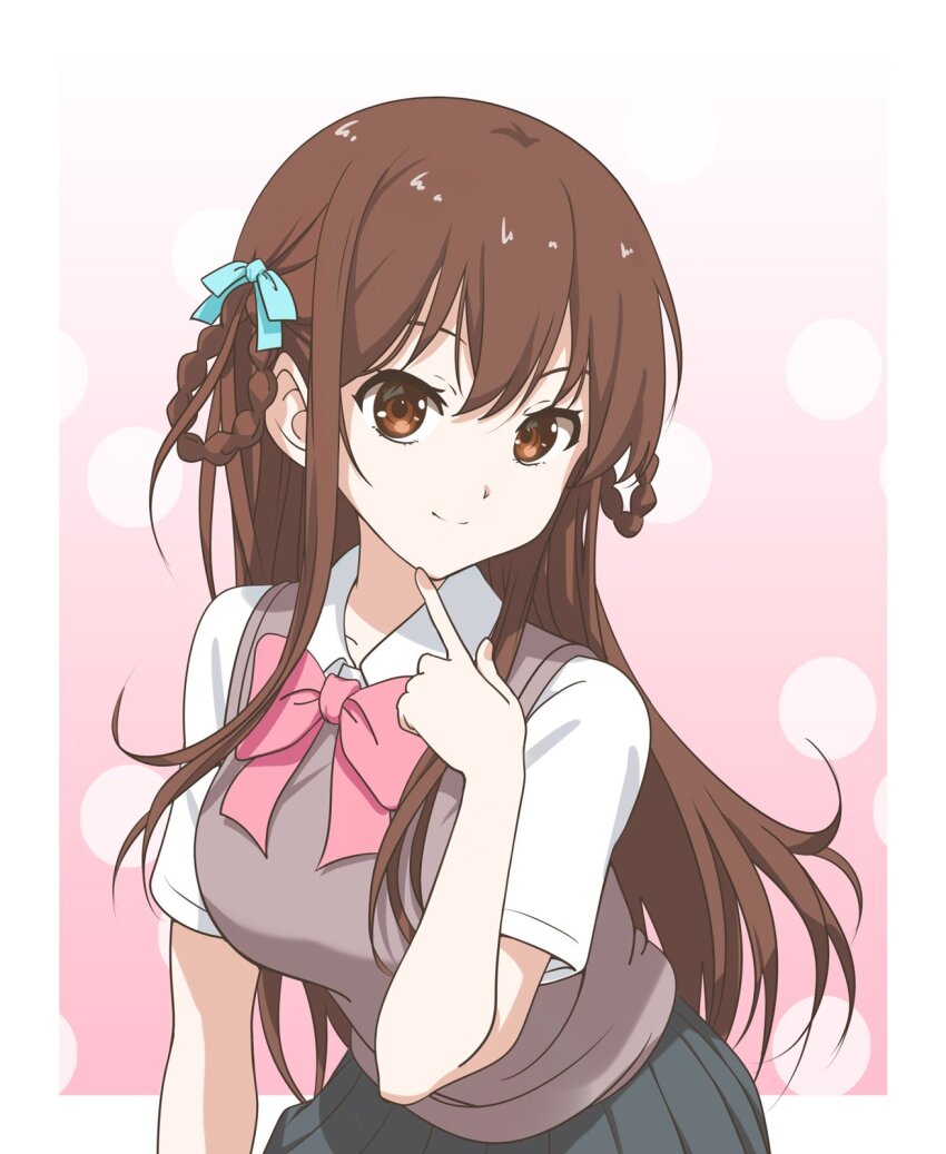 1girl 22/7 aqua_bow black_skirt border bow bowtie braid braided_hair_rings brown_eyes brown_hair brown_vest closed_mouth collared_shirt cowboy_shot finger_to_own_chin hair_bow hair_rings highres index_finger_raised long_hair looking_at_viewer matsubokkurin227 outside_border pink_background pink_bow pink_bowtie pleated_skirt school_uniform shirt short_sleeves sidelocks skirt smile solo standing tachikawa_ayaka twin_braids two_side_up vest white_border white_shirt