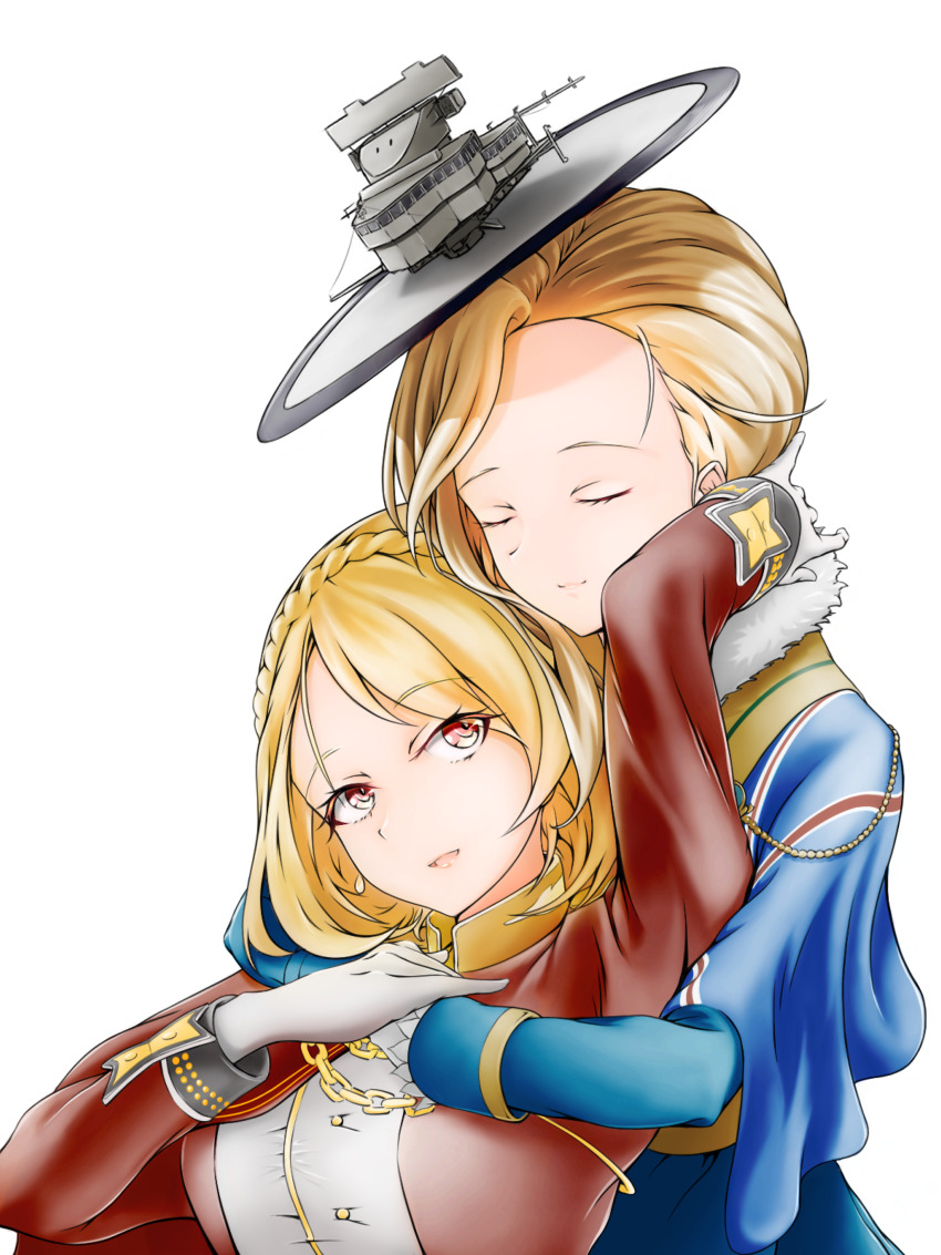 2girls absurdres ascot azur_lane ballpoint_pen_(medium) blonde_hair blue_dress blue_eyes braid capelet crown_braid dress hair_over_shoulder hat highres hood_(azur_lane) huge_filesize long_hair madakov_kodima multiple_girls pen_(medium) prince_of_wales_(azur_lane) red_eyes swept_bangs tilted_headwear traditional_media white_background white_headwear