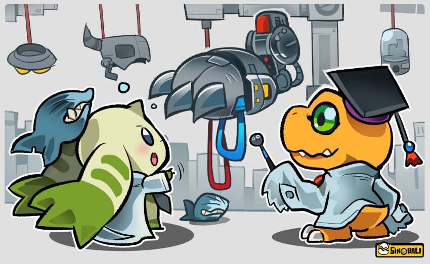 agumon_hakase digimon digimon_(creature) gigadramon green_eyes hat highres megadramon metalgreymon metalgreymon_(virus) missile mugendramon nanimon shadow sinobali terriermon_assistant vademon