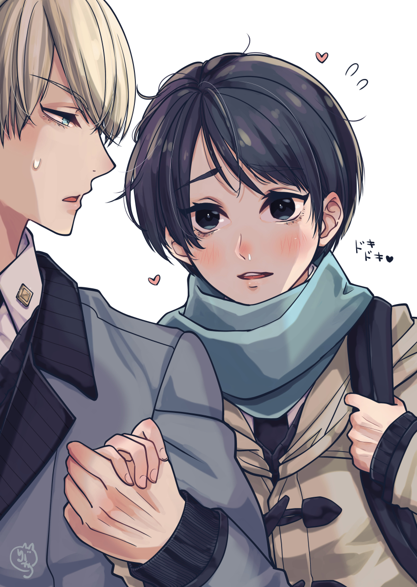 2boys absurdres backpack bag black_eyes black_hair blonde_hair blue_eyes blue_scarf blush brown_coat coat grey_jacket heart highres holding_hands jacket long_sleeves multiple_boys nekominaminoriya original scarf sweatdrop white_background yaoi