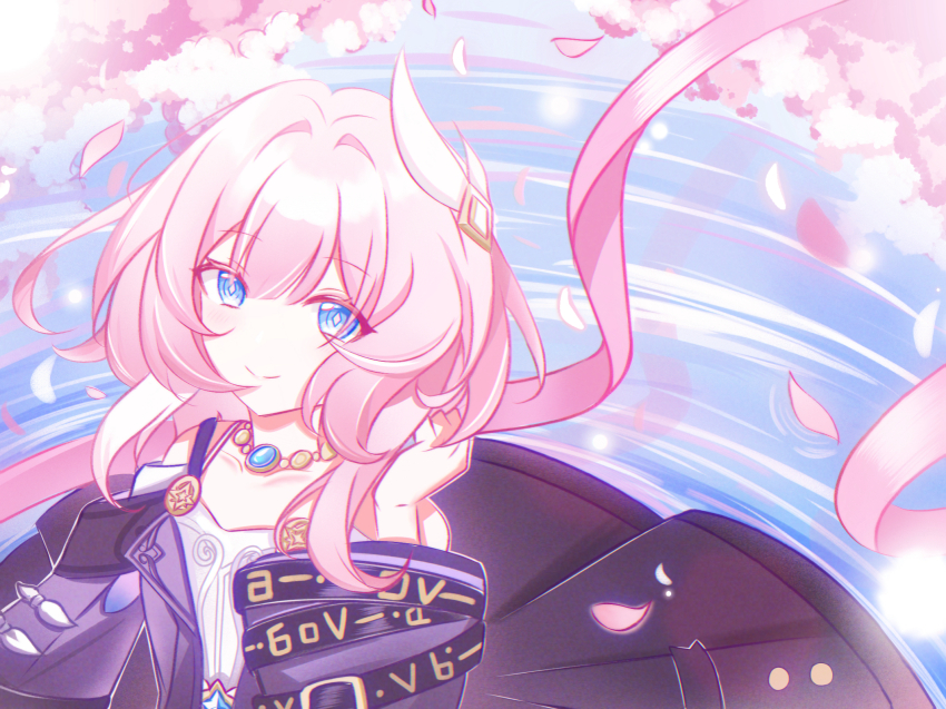 1girl breasts cherry_blossoms chinese_commentary coat commentary_request cyrene_(honkai:_star_rail) dress falling_petals hair_ornament highres honkai:_star_rail honkai_(series) looking_at_viewer medium_hair multicolored_hair petals pink_hair pink_petals purple_coat small_breasts solo tianzhi40592 two-tone_hair white_dress white_hair