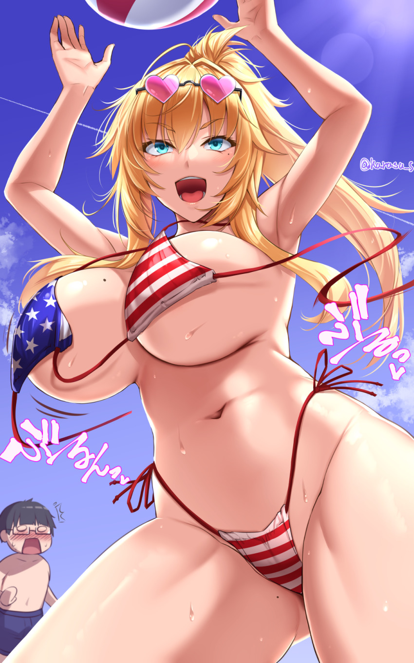 1boy 1girl akitsuki_karasu american_flag american_flag_bikini american_flag_print arms_up ball bare_shoulders beachball bikini blonde_hair blue_eyes blue_sky blush breasts cleavage eyewear_on_head flag_print flag_print_bikini heart heart-shaped_eyewear highres large_breasts long_hair looking_at_viewer navel open_mouth original pink-tinted_eyewear ponytail print_bikini sidelocks sky smile sunglasses swimsuit thighs tinted_eyewear wardrobe_malfunction