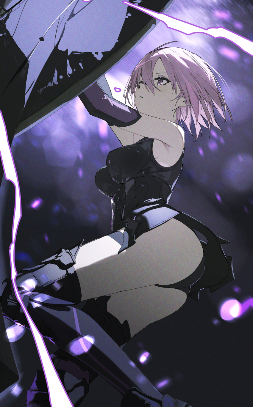 1girl absurdres armored_leotard armpit_crease arms_up ass bare_shoulders black_gloves blurry bokeh boots breasts commentary depth_of_field elbow_gloves electricity fate/grand_order fate_(series) gloves hair_between_eyes highres holding holding_shield leotard light_particles mash_kyrielight medium_breasts purple_eyes purple_hair qtian shield short_hair sleeveless solo thigh_boots thighs