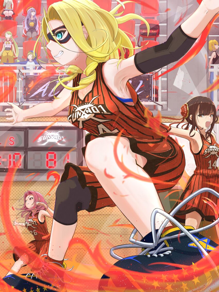 absurdres ball basketball basketball_(object) black_hair blonde_hair blue_eyes breasts carole_reaper charlotta_skopovskaya eye_mask heaven_burns_red highres indoors irene_redmayne kayamori_ruka large_breasts li_yingxia long_hair maria_de_angelis orange_eyes parted_bangs psy_(artist) red_hair team_31x_(heaven_burns_red) vritika_balakrishnan