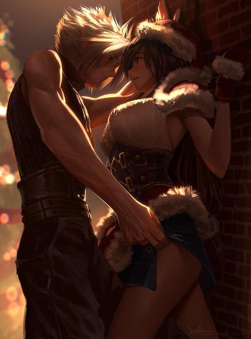1boy 1girl absurdres against_wall biceps black_hair blonde_hair breasts capelet christmas clothes_lift cloud_strife couple final_fantasy final_fantasy_vii final_fantasy_vii_ever_crisis fur_capelet fur_trim gloves hat hetero highres kabedon large_breasts long_hair low-tied_long_hair official_alternate_costume safaia santa_hat skirt skirt_lift sleeveless sleeveless_turtleneck tifa_lockhart tifa_lockhart_(fairy_of_the_holy_flame) turtleneck