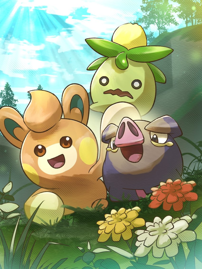 :d brown_eyes cloud commentary_request creatures_(company) day flower game_freak grass highres lechonk nintendo no_humans o_o open_mouth outdoors pawmi pokemon pokemon_(creature) sky smile smoliv tongue tree yamaori_(hakkentai_pokedan)