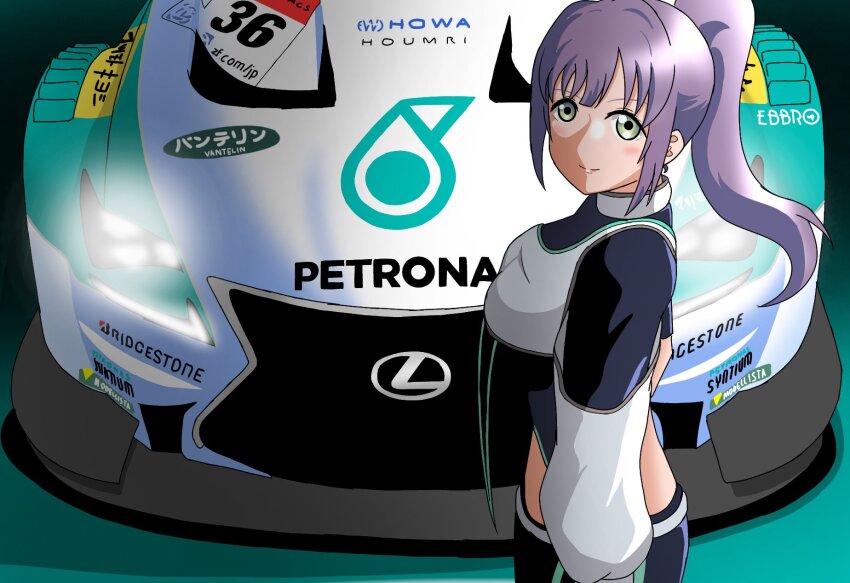 1girl black_shirt breasts car closed_mouth commentary deepness_(love_live!) green_eyes high_ponytail highres lexus_rc_f link!_like!_love_live! long_hair long_sleeves looking_at_viewer love_live! medium_breasts motor_vehicle otomune_kozue petronas ponytail purple_hair shirt sidelocks smile solo split_mouth virtual_youtuber yohakichi