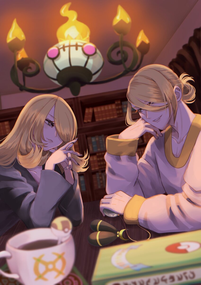 1boy 1girl alternate_color ancestor_and_descendant arm_on_table arm_rest black_coat book bookshelf chandelier chandelure coat commentary creatures_(company) cynthia_(pokemon) dutch_angle elbow_on_table elbow_rest elbows_on_table eye_contact game_freak gen_5_pokemon grey_eyes grey_nails hair_bun hair_ornament hair_over_one_eye hand_on_own_cheek hand_on_own_face head_rest highres holding holding_jewelry holding_necklace indoors interlocked_fingers jewelry long_hair looking_at_another mijukuma nail_polish necklace nintendo own_hands_together poke_ball_print pokemon pokemon_(creature) pokemon_dppt pokemon_legends:_arceus shiny_pokemon shirt short_hair smile table teapot unworn_hair_ornament unworn_jewelry unworn_necklace volo_(pokemon) white_shirt