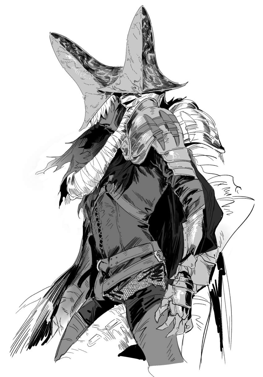 192_saioma 2others abyss_watcher armor bandaged_arm bandages belt chainmail commentary cowboy_shot dark_souls_(series) dark_souls_iii gauntlets greyscale hand_on_another&#039;s_shoulder hat highres looking_at_viewer monochrome multiple_others other_focus pauldrons pointy_hat shirt short_hair shoulder_armor simple_background