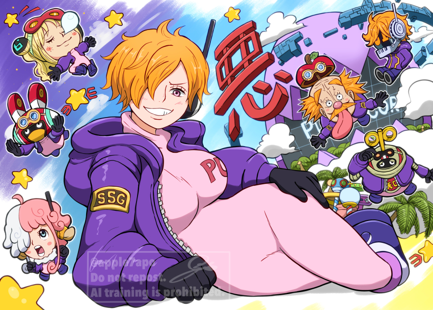3girls 4boys apple7apo black_gloves blonde_hair blue_eyes blush bodysuit breasts chibi curvy dr._vegapunk egghead_island female_focus gloves goggles goggles_on_head grin hair_over_one_eye hand_on_own_hip highres hood hooded_jacket hoodie jacket large_breasts looking_at_viewer multicolored_hair multiple_boys multiple_girls one_piece open_clothes open_jacket orange_hair palm_tree pink_bodysuit pink_eyes pink_hair purple_jacket short_hair sleeping smile split-color_hair tongue tongue_out tree two-tone_hair unzipped vegapunk_atlas vegapunk_edison vegapunk_lilith vegapunk_pythagoras vegapunk_shaka vegapunk_york watermark white_hair wide_hips