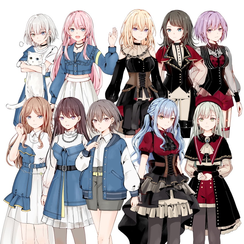 6+girls absurdres amoris_(bang_dream!) animal ascot ave_mujica_(bang_dream!) bang_dream! bang_dream!_it&#039;s_mygo!!!!! bead_necklace beads belt beret black_ascot black_belt black_capelet black_choker black_corset black_dress black_gloves black_hair black_pants black_pantyhose black_ribbon black_skirt black_vest blonde_hair blue_belt blue_brooch blue_eyes blue_hair blue_jacket braid brown_corset brown_eyes brown_hair capelet cat chihaya_anon chinese_commentary choker closed_mouth clothing_cutout collared_shirt commentary_request corset cropped_jacket crychic_(bang_dream!) doloris_(bang_dream!) dress ear_piercing earrings flower_stand_art garter_straps gloves green_hair grey_hair grey_skirt hair_between_eyes hair_ribbon hand_on_own_hip hand_up hat heterochromia highres holding holding_animal holding_cat jacket jewelry kaname_raana layered_skirt long_hair long_sleeves medium_hair midriff misumi_uika mole mole_under_eye mortis_(bang_dream!) multiple_girls mygo!!!!!_(bang_dream!) nagasaki_soyo necklace oblivionis_(bang_dream!) open_clothes open_jacket open_mouth own_hands_together pants pantyhose pantyhose_under_shorts parted_lips piercing pink_eyes pink_hair purple_eyes purple_hair raana_the_cat red_capelet red_hat red_shirt red_shorts red_thighhighs ribbon see-through_clothes see-through_sleeves sen_jin_chen shiina_taki shirt short_hair short_sleeves shorts shorts_under_skirt shoulder_cutout showgirl_skirt sidelocks simple_background skirt takamatsu_tomori thighhighs timoris_(bang_dream!) togawa_sakiko two-tone_pants vest wakaba_mutsumi waving white_ascot white_background white_hair white_pants white_shirt yahata_umiri yellow_eyes yuutenji_nyamu