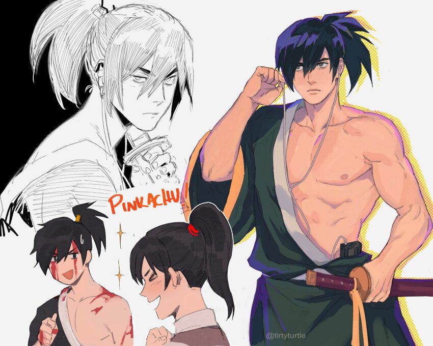 &gt;_&lt; 1boy 1girl :d artist_name bare_shoulders black_eyes black_hair blood blood_on_face blush cassette_player earbuds earphones hadanugi_dousa highres holding holding_sword holding_weapon japanese_clothes katana katana_zero kimono listening_to_music looking_at_viewer open_kimono open_mouth ponytail receptionist_(katana_zero) sheath smile sparkle sword tirtyturtle twitter_username walkman weapon white_background xd zero_(katana_zero)