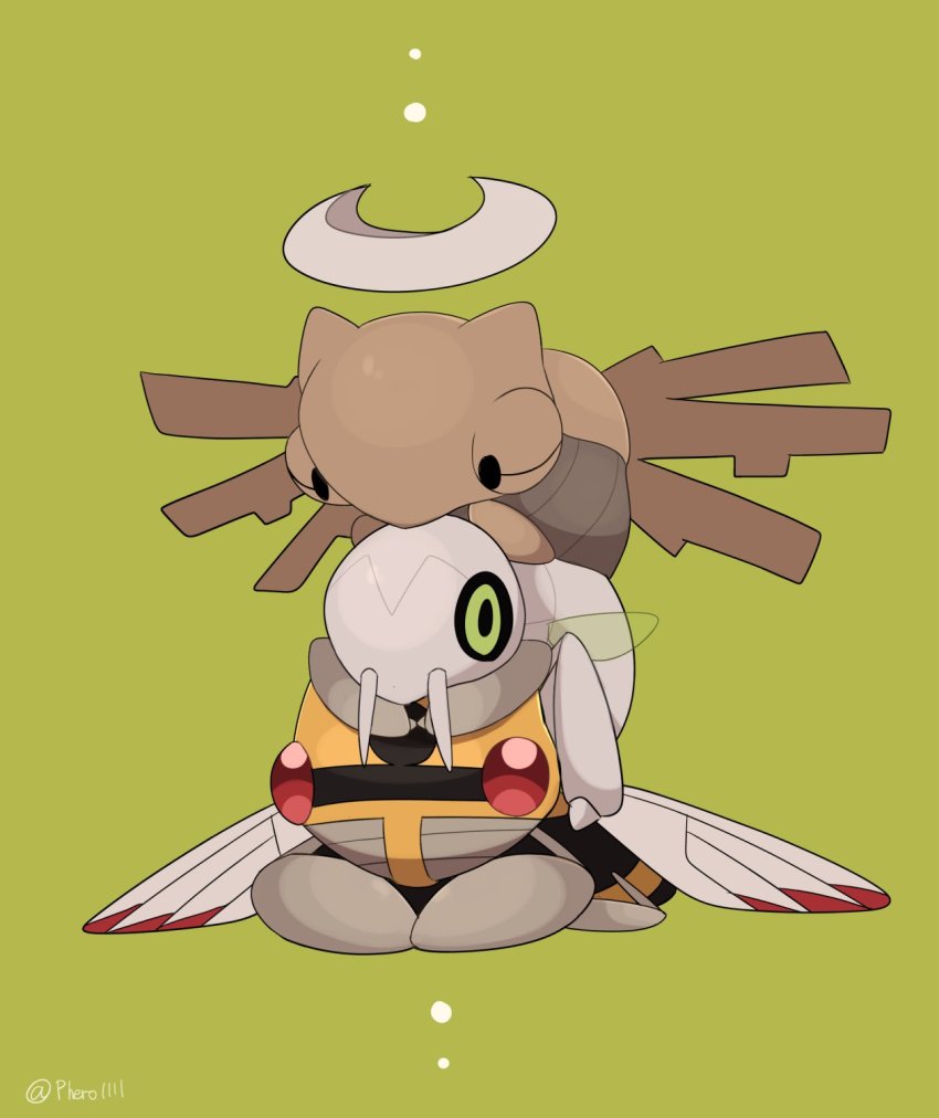 a-nya bug commentary_request evolutionary_line gen_3_pokemon green_background green_eyes highres nincada ninjask nintendo no_humans pokemon pokemon_(creature) pokemon_focus red_eyes shedinja simple_background stacking
