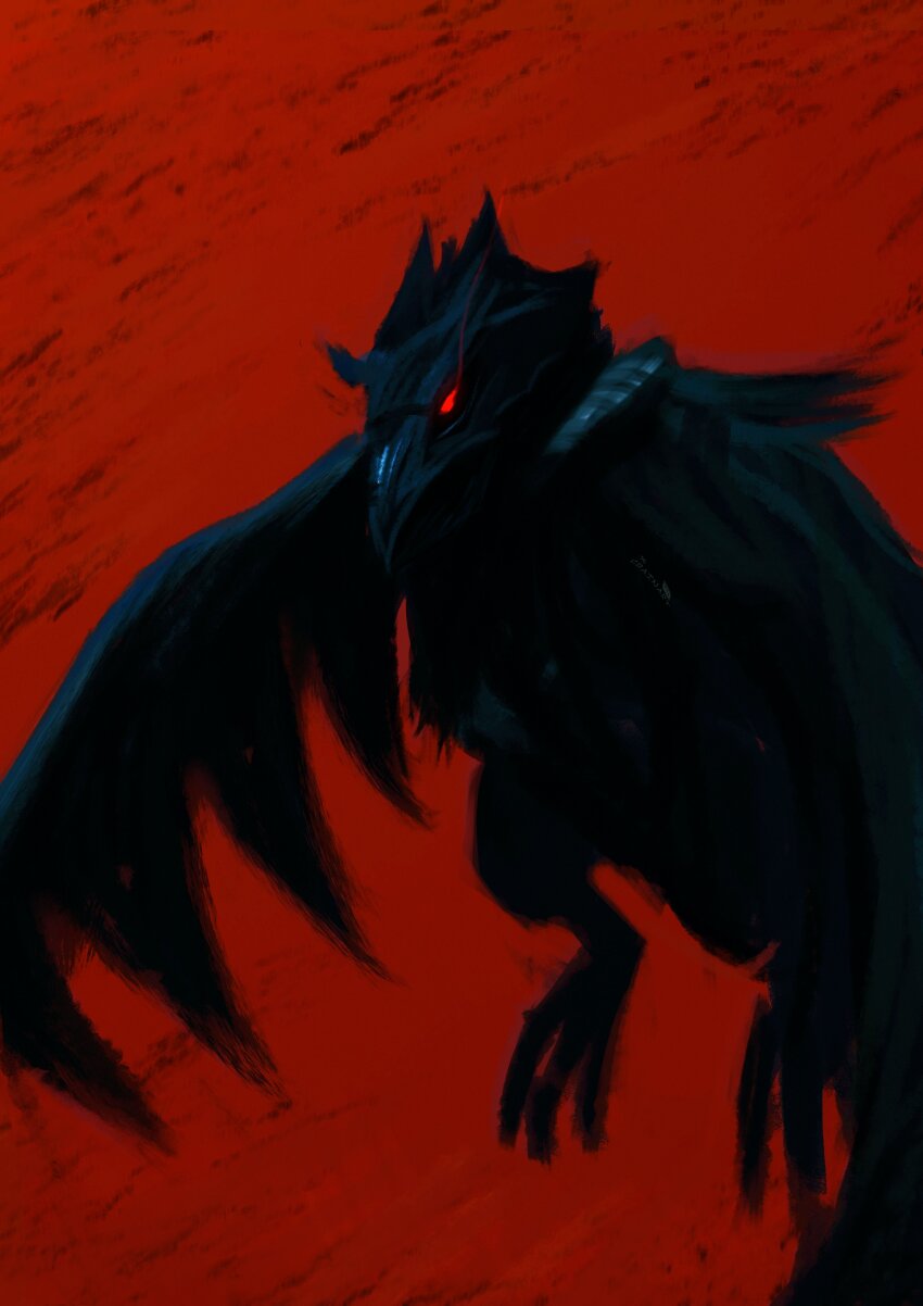 absurdres bird commentary corviknight crain1art english_commentary gen_8_pokemon glowing glowing_eye highres limited_palette nintendo no_humans pokemon pokemon_(creature) pokemon_focus profile red_background red_eyes