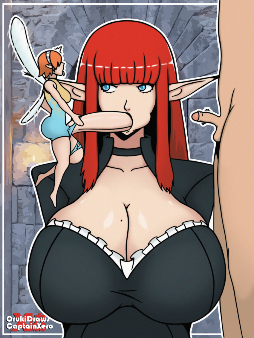 1boy 1futa 1girl captainxero fellatio futa_with_female futanari gallica_(metaphor:_refantazio) gigantic_penis highres hulkenberg_(metaphor:_refantazio) humiliation metaphor:_refantazio netorare oral orukidraws penis protagonist_(metaphor:_refantazio) small_penis small_penis_humiliation tagme testicles
