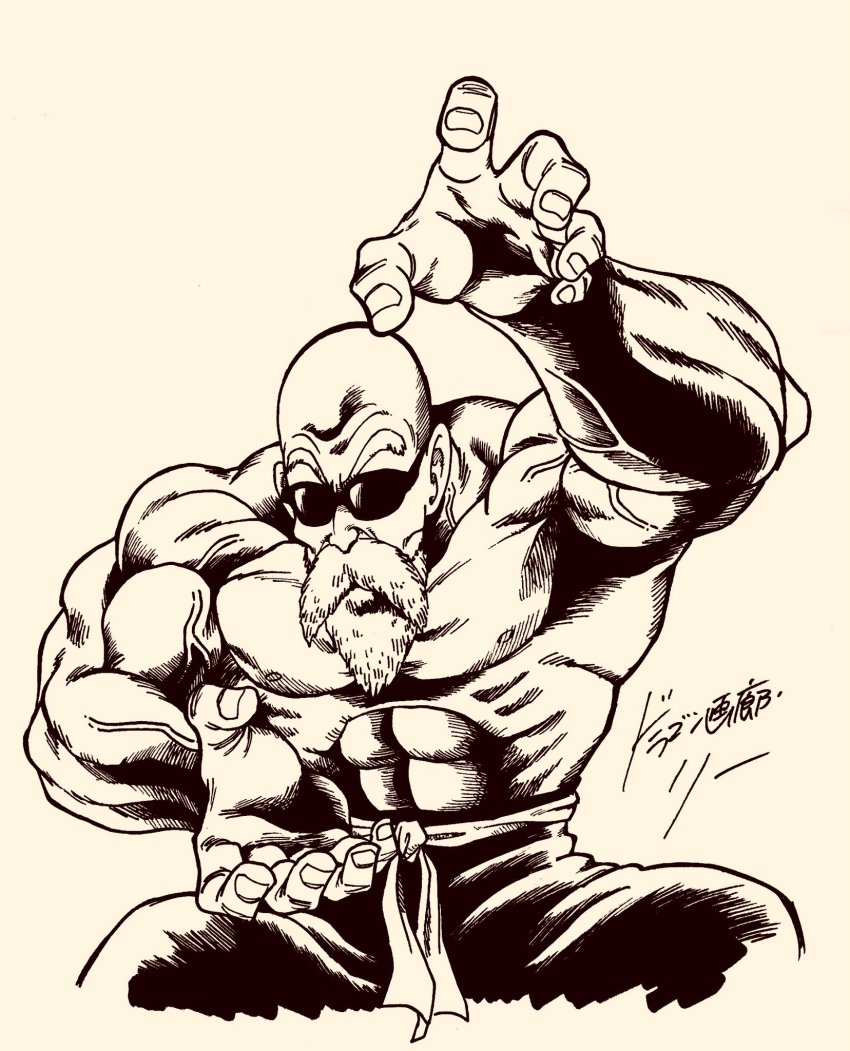 1boy abs bald beard dragon_ball dragon_ball_(classic) facial_hair fighting_stance highres ink_(medium) lee_(dragon_garou) male_focus monochrome muscular muten_roushi nib_pen_(medium) pen_(medium) signature solo squatting sunglasses topless_male traditional_media upper_body veins