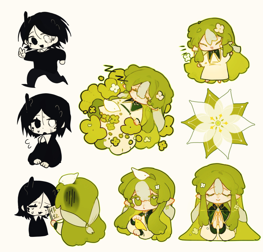 2girls absurdres black_eyes black_hair black_pants black_shirt chinese_commentary closed_eyes closed_mouth collared_dress collared_shirt colored_bangs colored_eyelashes commentary_request dress earrings flower hair_flower hair_ornament heibaihuabing highres jewelry long_hair long_sleeves multicolored_hair multiple_girls multiple_views open_mouth original pants parted_lips pointy_ears puritan_collar shirt short_hair simple_background sleeping smile sweat two-tone_hair white_background white_dress white_eyes white_flower white_shirt zzz