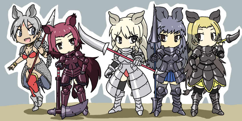 &gt;:) 5girls :d animal_ears armor armored_boots armored_dress bikini_armor black_armor black_rhinoceros_(kemono_friends) blonde_hair boots braid braided_ponytail breastplate breasts brown_eyes brown_hair chibi cleavage closed_mouth dress dual_persona extra_ears full_body gauntlets grey_eyes grey_hair hand_up indian_rhinoceros_(kemono_friends) jewelry kemono_friends lance legs_apart long_hair looking_at_another looking_at_viewer medium_breasts multicolored_hair multiple_girls navel neck_ring open_mouth pike_(weapon) polearm red_hair rhinoceros_ears rhinoceros_girl shoulder_armor single_braid small_breasts smile srd_(srdsrd01) standing stomach sumatran_rhinoceros_(kemono_friends) sumatran_rhinoceros_(old_design)_(kemono_friends) tail tan thighhighs v-shaped_eyebrows very_long_hair weapon white_rhinoceros_(kemono_friends) wrist_wings