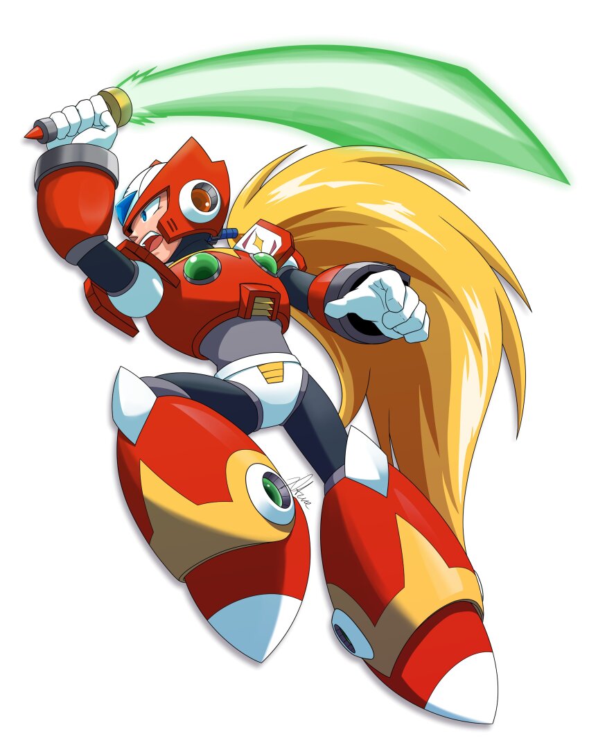 1boy absurdres armor blonde_hair chest_jewel commentary energy_sword english_commentary forehead_jewel full_body helmet highres holding holding_sword holding_weapon long_hair male_focus mega_man_(series) mega_man_x_(series) missing_commentary red_armor red_helmet simple_background solo sword weapon white_background xtevecb z_saber zero_(mega_man)