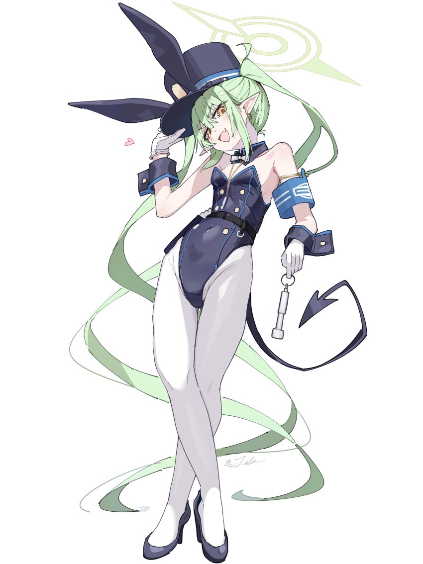 1girl absurdres adapted_costume armband black_footwear black_hat black_leotard black_tail blue_archive blush crossed_legs demon_tail earrings fang full_body gloves green_hair green_halo halo hashtag-only_commentary hat hat_tip high_heels highres jewelry kilabo leotard long_hair nozomi_(blue_archive) open_mouth pantyhose peaked_cap pointy_ears revision signature simple_background single_earring skin_fang smile solo strapless strapless_leotard sway_back tail twintails variant_set white_background white_gloves white_pantyhose yellow_eyes