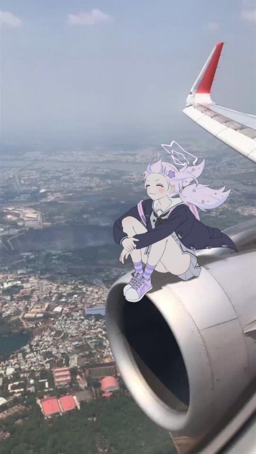 1girl :3 ^_^ aircraft airplane beads black_jacket black_neckerchief blue_archive blush closed_eyes closed_mouth commentary floating_clothes floating_hair forehead grey_serafuku grey_shirt grey_skirt hair_beads hair_ornament halo happy highres hugging_own_legs jacket knees_apart_feet_together knees_up long_hair long_sleeves low_twintails mang_722 midair miniskirt multicolored_hair neckerchief open_clothes open_jacket panties photo-referenced photo_background pink_hair pink_halo pleated_skirt purple_shoes purple_socks reisa_(blue_archive) sailor_collar school_uniform serafuku shirt shoes sitting skirt smile socks solo star_(symbol) star_hair_ornament star_halo streaked_hair striped_clothes striped_socks symbol-only_commentary thighs twintails two-tone_hair underwear v-shaped_eyebrows white_panties white_sailor_collar wide_shot wind