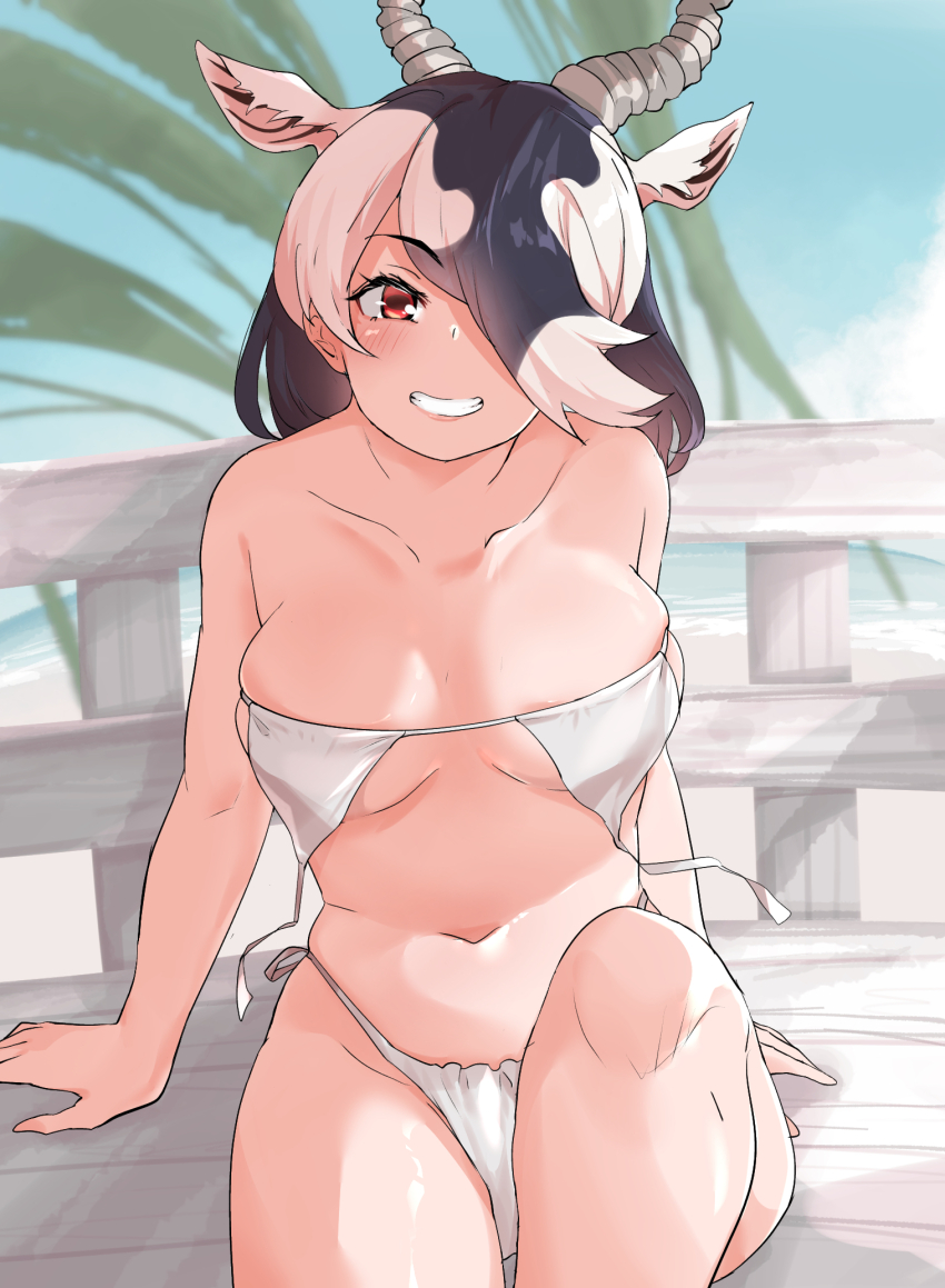 1girl animal_ears arms_at_sides beach bend bikini black_hair blackbuck_(kemono_friends) blush breasts extra_ears grey_hair grin hair_over_one_eye hand_rest highres horizontal_pupils horns kemono_friends kemono_friends_3 knee_up large_breasts long_hair multicolored_hair navel ocean on_bench red_eyes skindentation smile solo stomach straight-on swept_bangs swimsuit two-tone_hair upside-down_bikini_top wardrobe_error water white_bikini wifi1981321