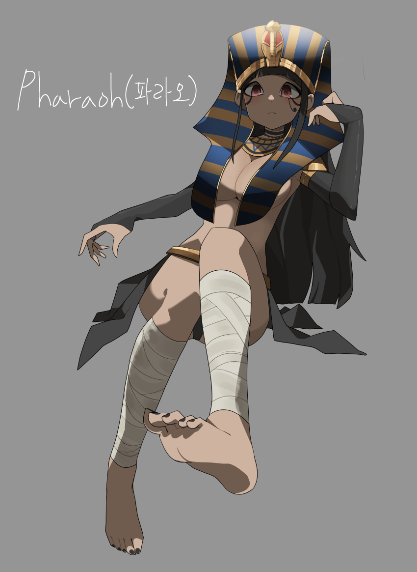 1girl absurdres ancient_egyptian ancient_egyptian_clothes ancient_egyptian_hat bandaged_leg bandages bare_hips barefoot black_hair black_nails black_skirt breasts bridal_gauntlets brown_eyes cleavage convenient_censoring feet gomulgong grey_background highres long_bangs looking_at_viewer makeup_request medium_breasts monster_girl mummy nail_polish nude original red_eyes shadow skirt soles solo tattoo thong toenail_polish toenails toes