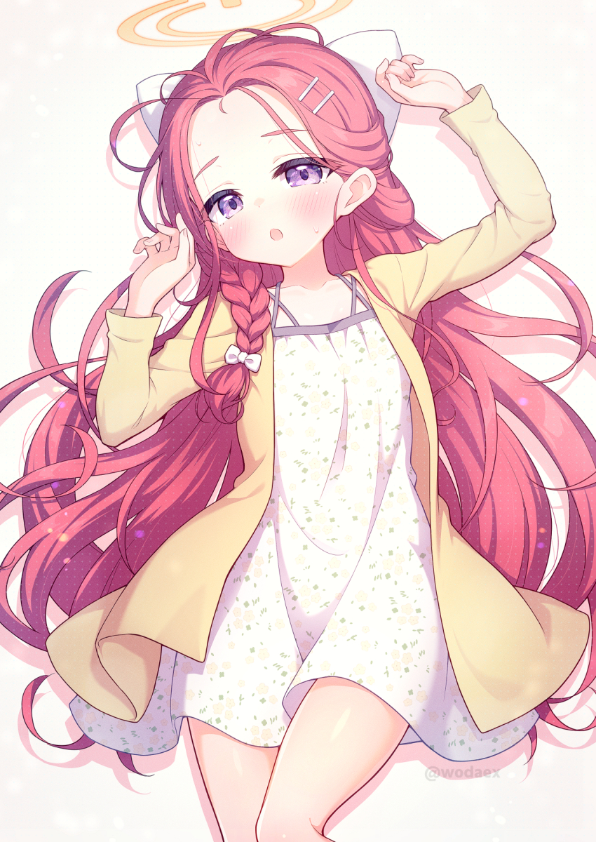 1girl alternate_costume blue_archive braid dress hair_ornament hairclip halo hands_up highres jacket long_hair looking_at_viewer lying on_back open_mouth parallel_hairclips purple_eyes red_hair short_dress simple_background solo white_background white_dress wodaex yellow_halo yellow_jacket yuzu_(blue_archive)