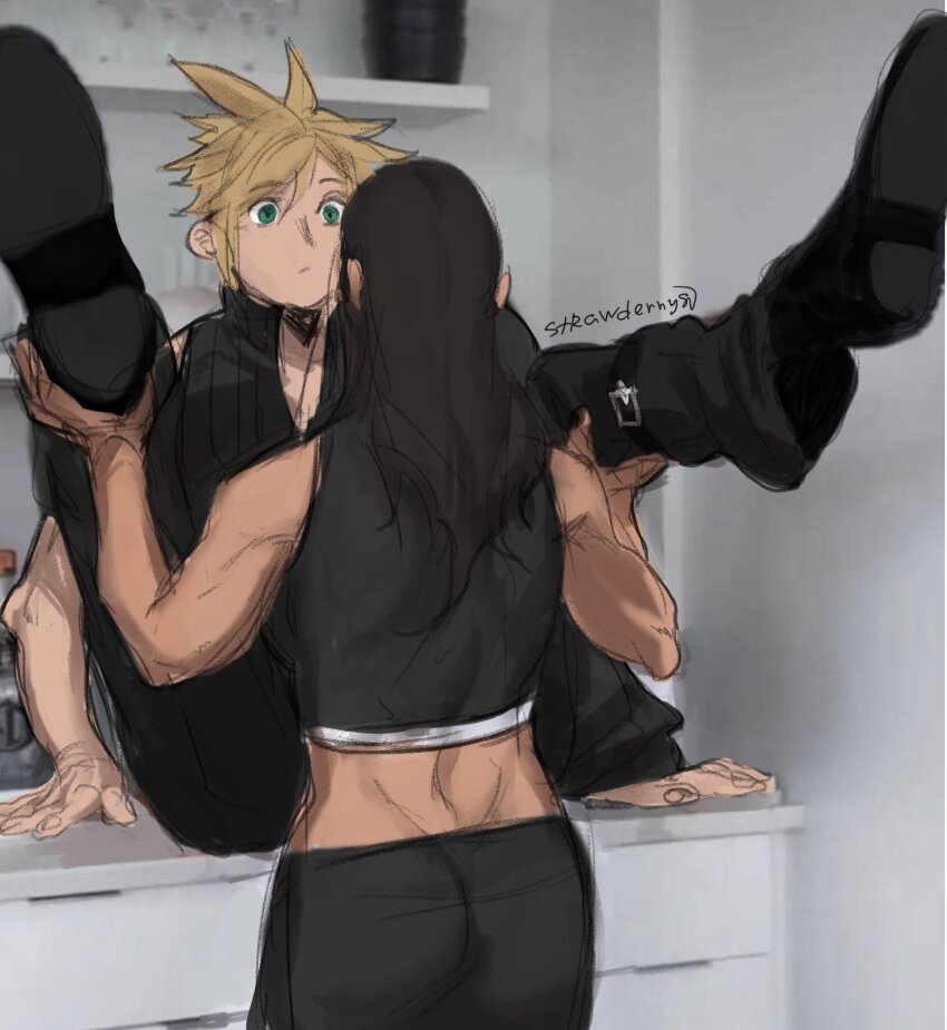 1boy 1girl ankle_belt arms_up assertive_female back bare_arms black_hair black_pants black_shirt black_shoes blonde_hair breasts cloud_strife cowboy_shot crop_top final_fantasy final_fantasy_vii final_fantasy_vii_advent_children from_behind green_pupils high_collar highres holding_another&#039;s_legs long_hair looking_at_another meme midriff pants partially_unzipped photo_background real_life shirt shoes short_hair single_sleeve sitting sleeveless sleeveless_shirt spiked_hair spread_legs strawderryst tifa_lockhart