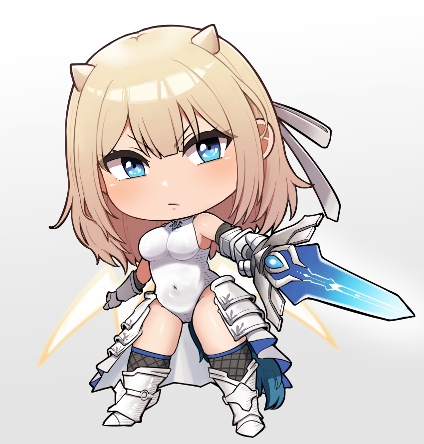 1girl absurdres angel_wings armor armored_skirt armpits black_leotard blonde_hair blue_eyes breasts brown_dust_(series) brown_dust_2 chainmail chibi cjrb1228 closed_mouth covered_navel demon_horns full_body gauntlets greaves groin hair_between_eyes highres holding holding_sword holding_weapon horns justia_(brown_dust) justia_(reclaimed_destiny)_(brown_dust) large_breasts leotard looking_at_viewer simple_background small_horns solo sword weapon wings