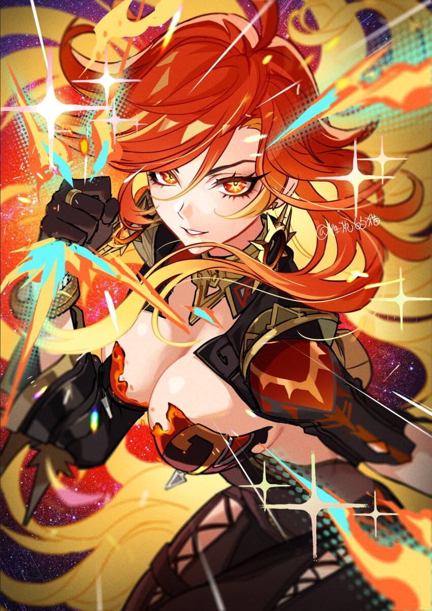 1girl biker_clothes bikesuit black_bodysuit black_gloves blonde_hair bodysuit breasts cleavage clenched_hand earrings fire genshin_impact gloves hair_between_eyes hashtag-only_commentary highres honlo jewelry large_breasts long_hair looking_at_viewer mavuika_(genshin_impact) multicolored_hair orange_hair parted_lips red_eyes red_hair solo sparkle symbol_in_eye twitter_username very_long_hair
